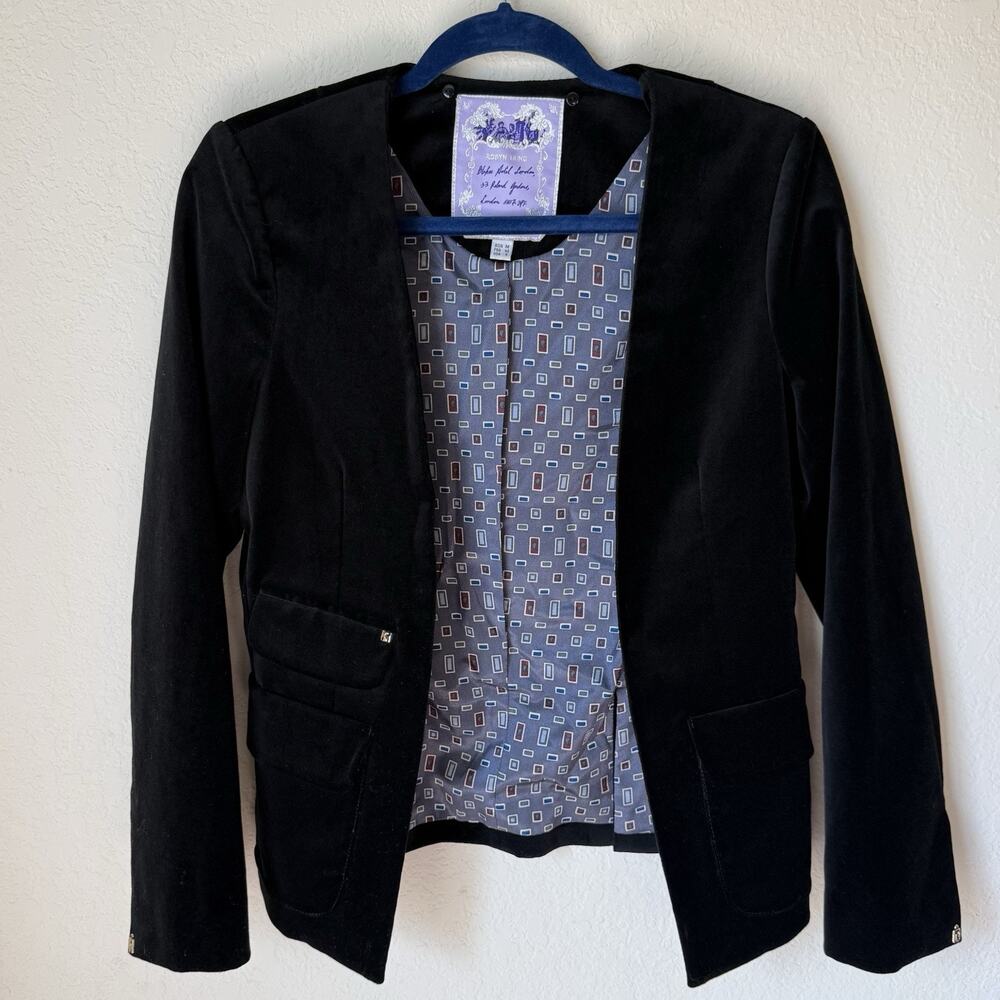 Vintage 90s Robyn Hung Dark Academia Black Velvet Open Front Blazer Jacket S - Picture 3 of 8